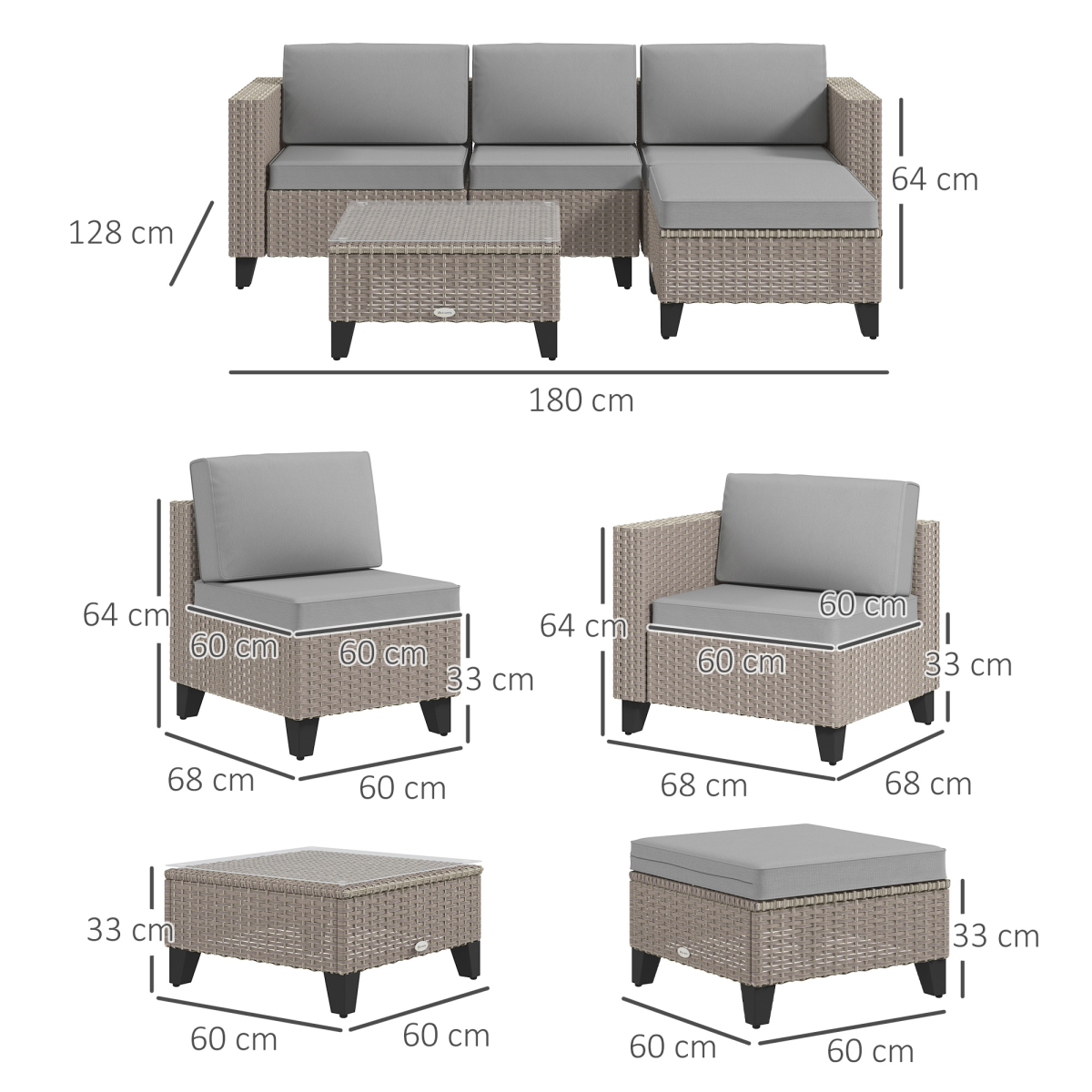 Outsunny 5 Piece Rattan Garden Furniture Set with Glass Top Coffee Table and Cushions, Brown