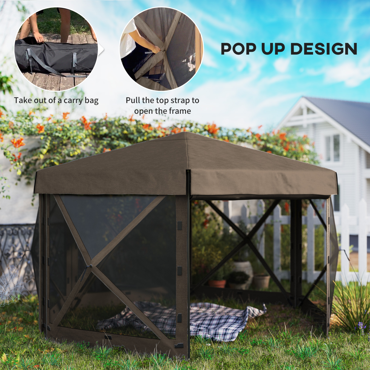 Outsunny 3 x 3m Hexagon Pop-Up Gazebo with Netting, Brown
