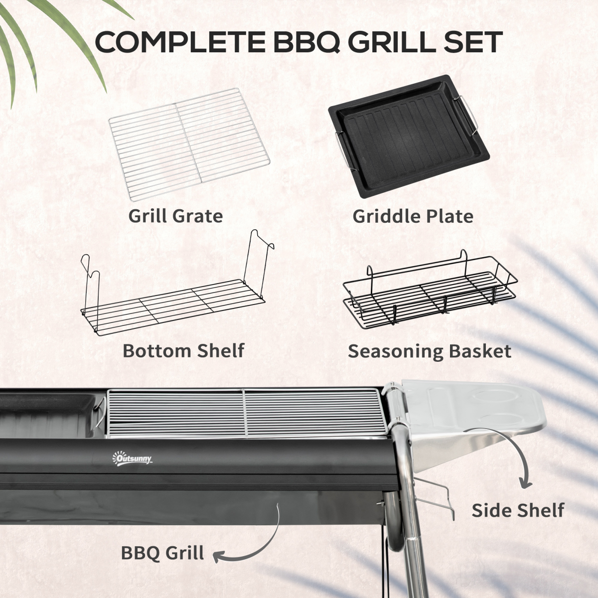 Outsunny Charcoal BBQ Grill with Griddle Plate, Shelves, Black
