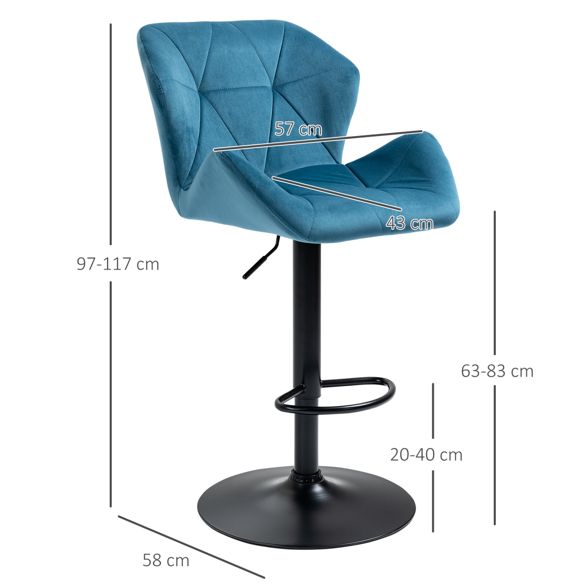 HOMCOM Set of 2 Blue Velvet-Feel Adjustable Bar Stools with Metal Base