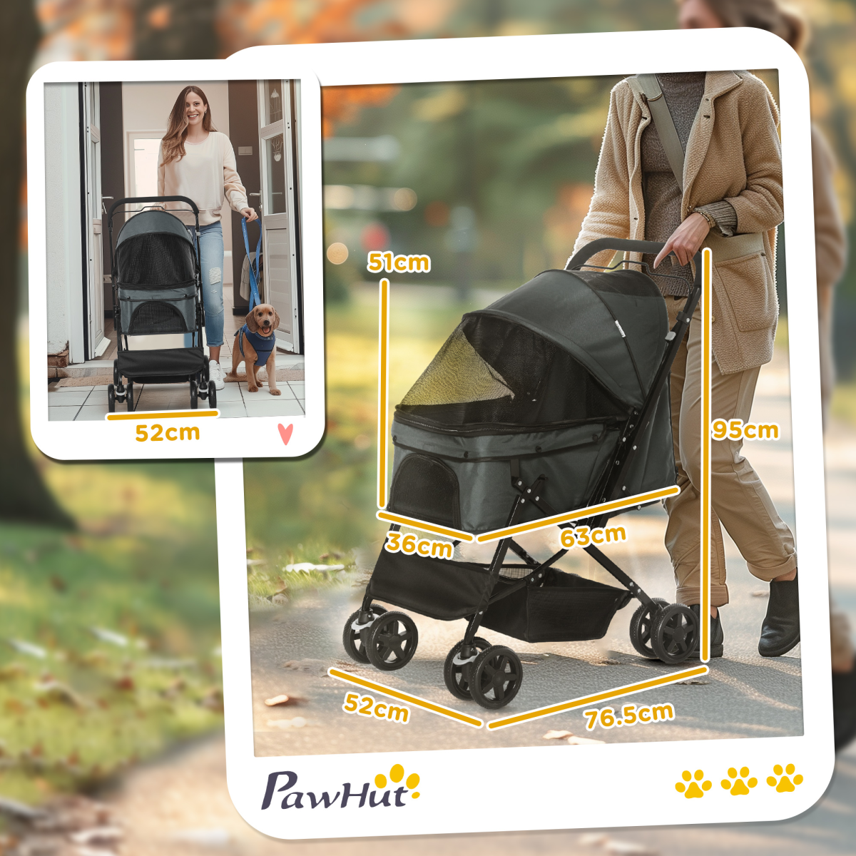 PawHut Foldable Pet Stroller with Reversible Handle, Grey