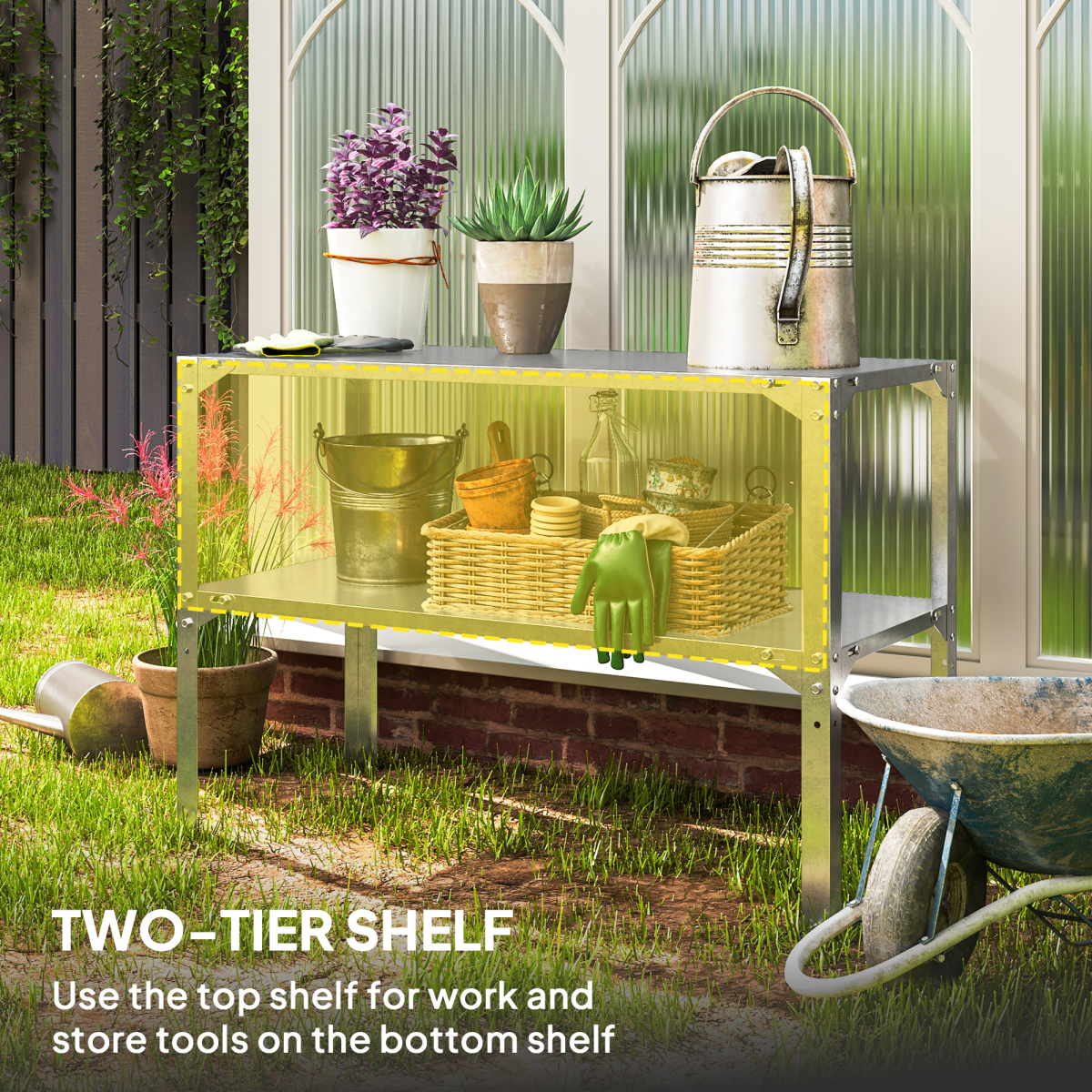 Outsunny 2-Tier Galvanised Steel Potting Bench Table with 2 Shelves, Silver Tone