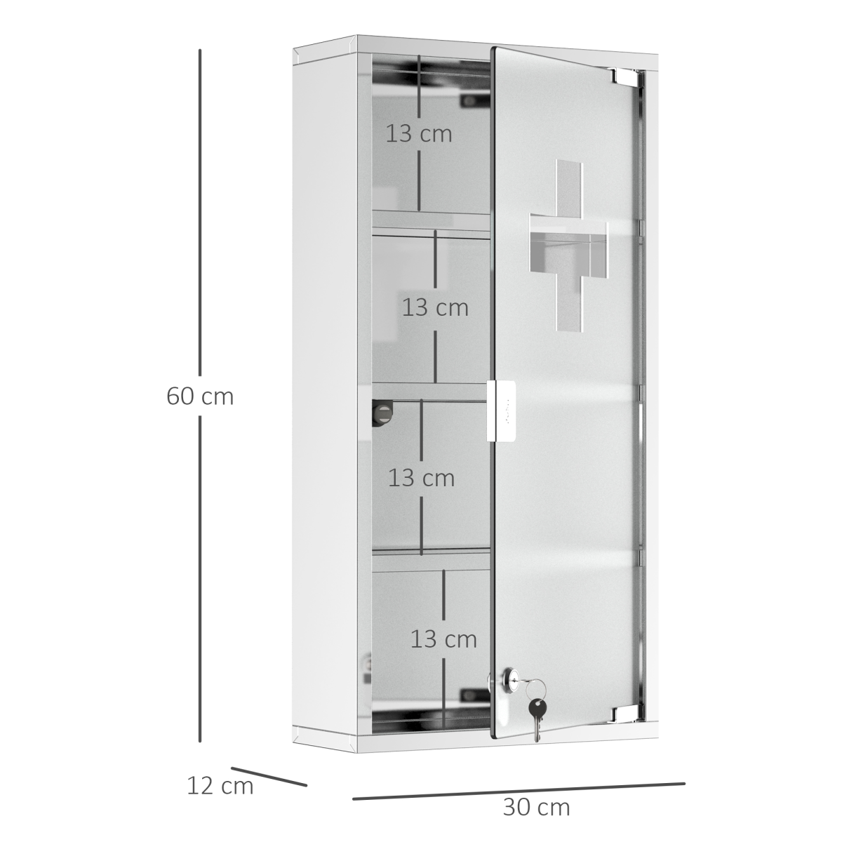 Wall Mounted First Aid Medicine Cabinet with Locking Door, 4-Tier 430 Stainless Steel, 60H x 30W x 12Dcm, Unbranded
