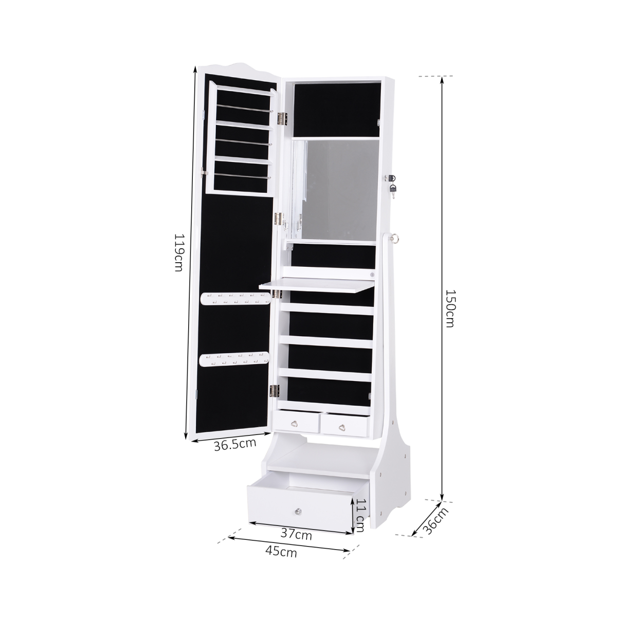 Freestanding Mirrored Jewelry Cabinet Armoire with Lock and LED Light, White
