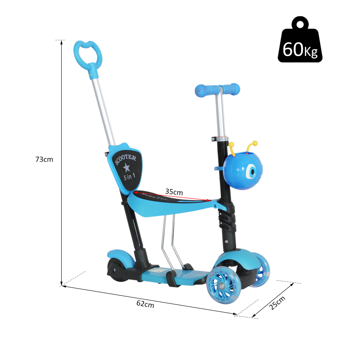 HOMCOM 5-in-1 Kids 3-Wheel Kick Scooter with Removable Seat, Adjustable