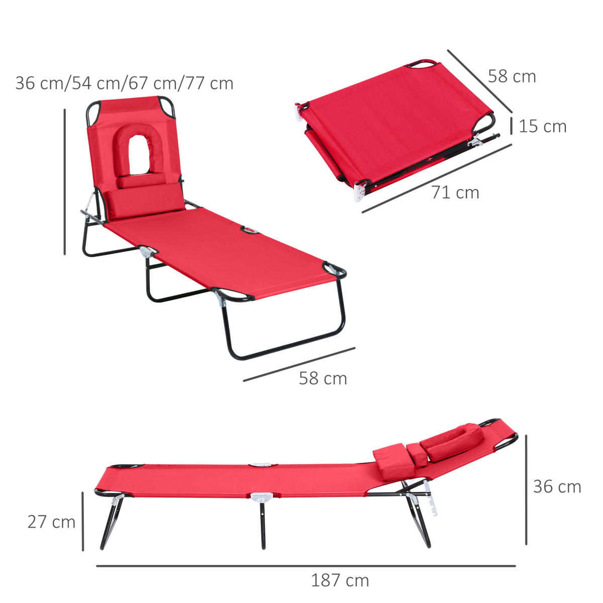 Outsunny Folding Sun Lounger Reclining Chair with Adjustable Backrest and Reading Hole, Red