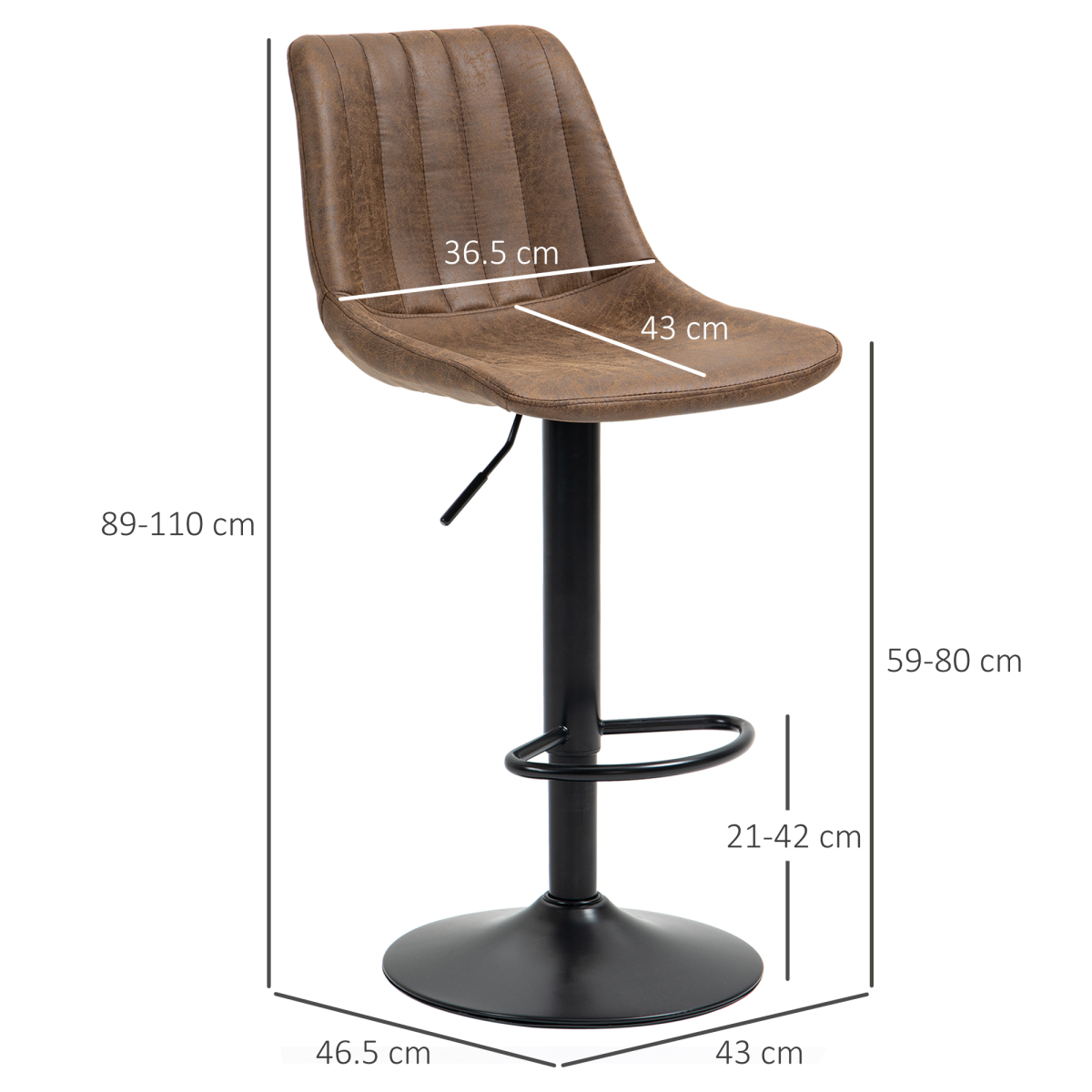 Set of 2 Retro Microfibre Tub Bar Stools with Adjustable Height, Metal Frame and Footrest, Brown
