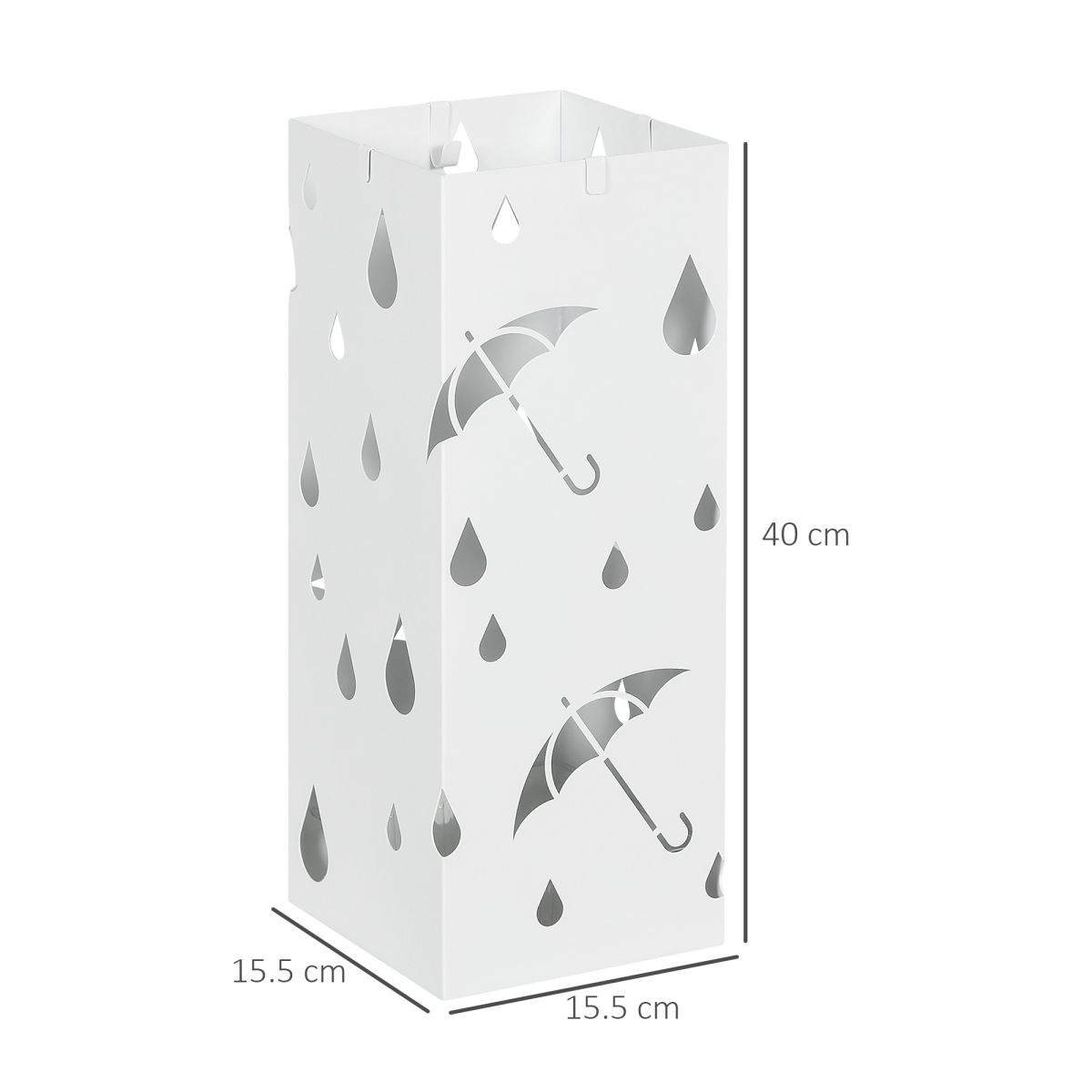 HOMCOM Square Metal Umbrella Stand with 4 Hooks and Drip Tray White