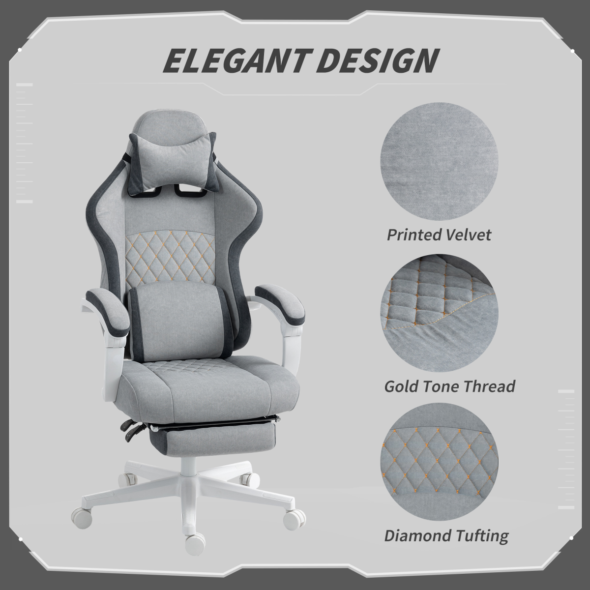 HOMCOM Grey Velvet Recliner Computer Chair with Adjustable Height
