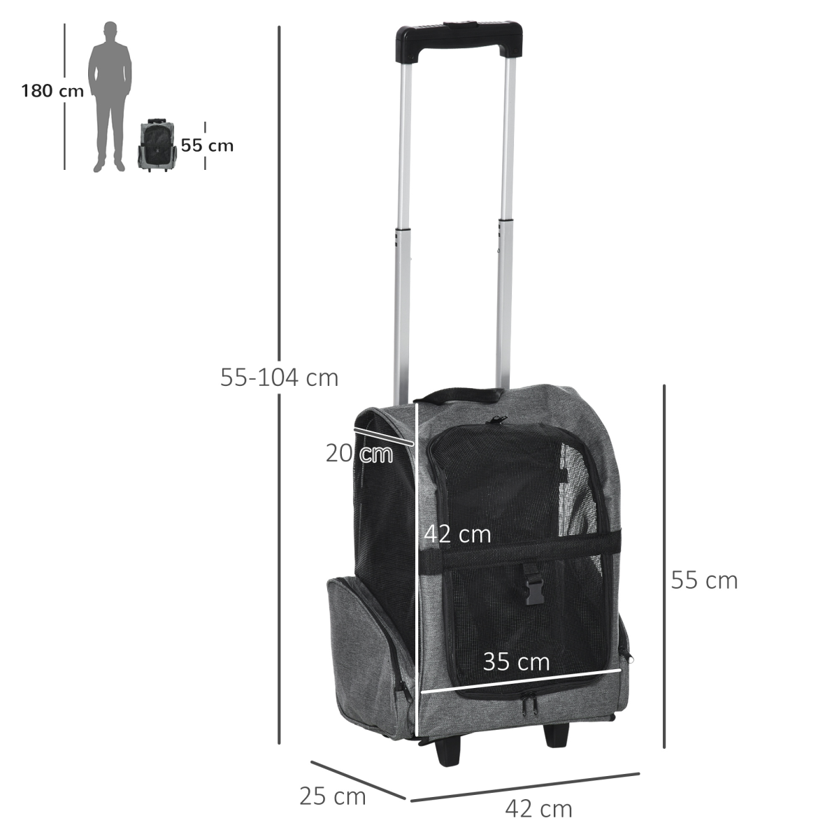 Pawhut 2-in-1 Pet Travel Backpack Carrier with Trolley, Telescopic Handle, Detachable Wheels, Grey