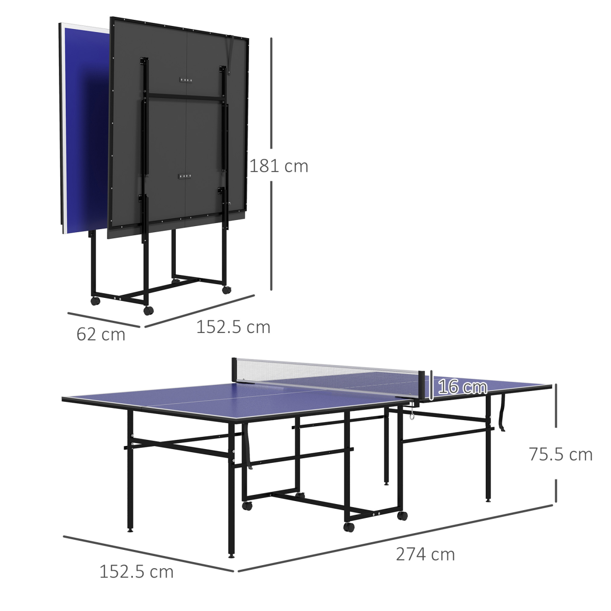 SPORTNOW 9FT Folding Indoor Table Tennis Table, Blue, 4 Wheels