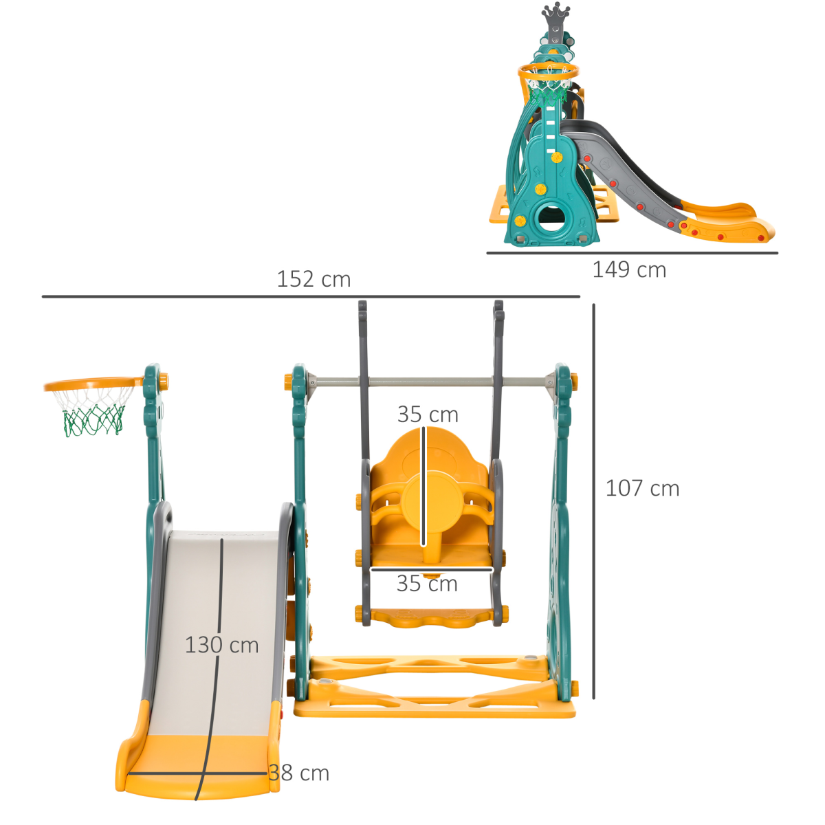 HOMCOM 3-in-1 Kids Swing and Slide Set with Basketball Hoop