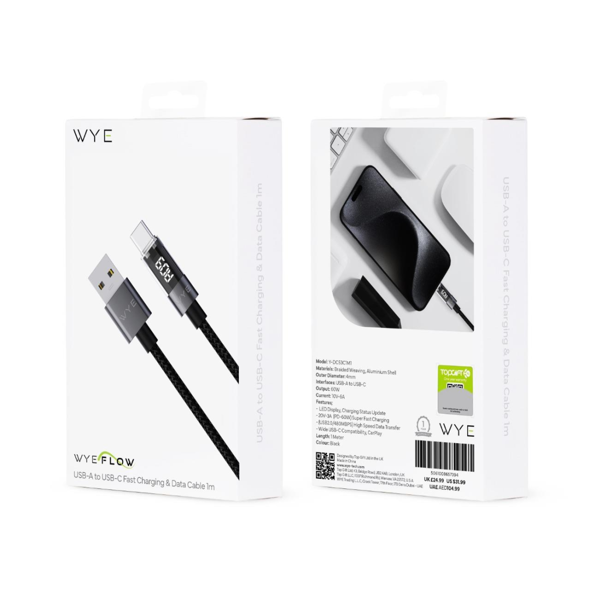 WYE USB-A to USB-C 65W Fast Charging Cable with LED Display, 1m