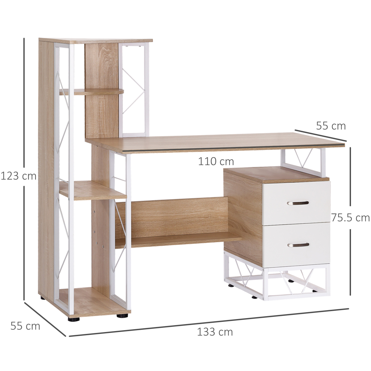 HOMCOM Workstation Computer Writing Desk with 2 Drawers and Multi-Shelves, Oak/White