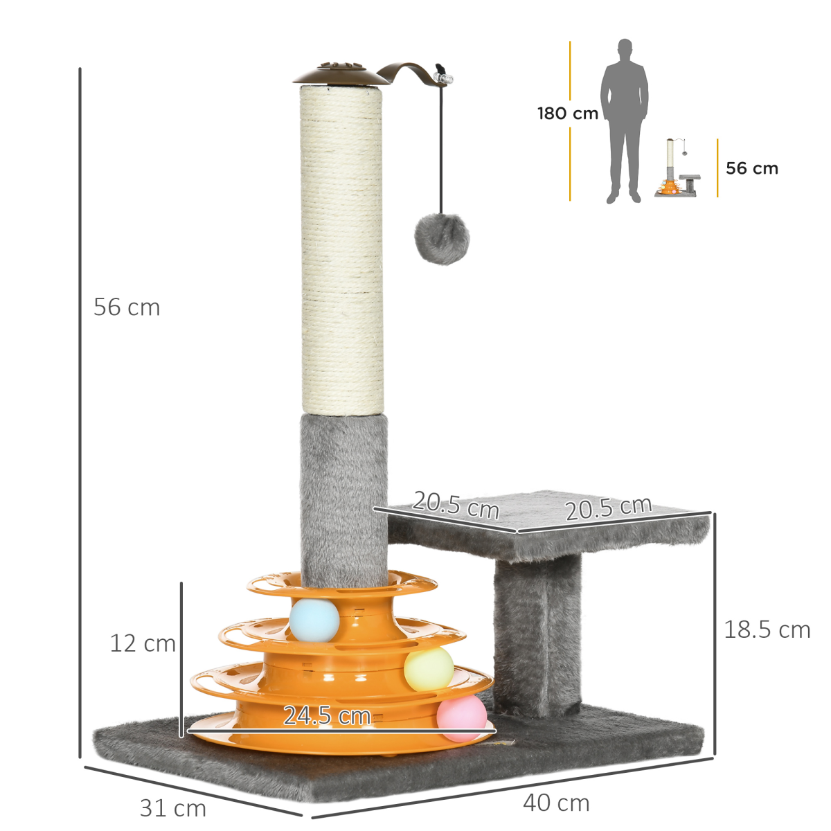 PawHut Grey Cat Tree with Scratching Post & Toys, 56cm