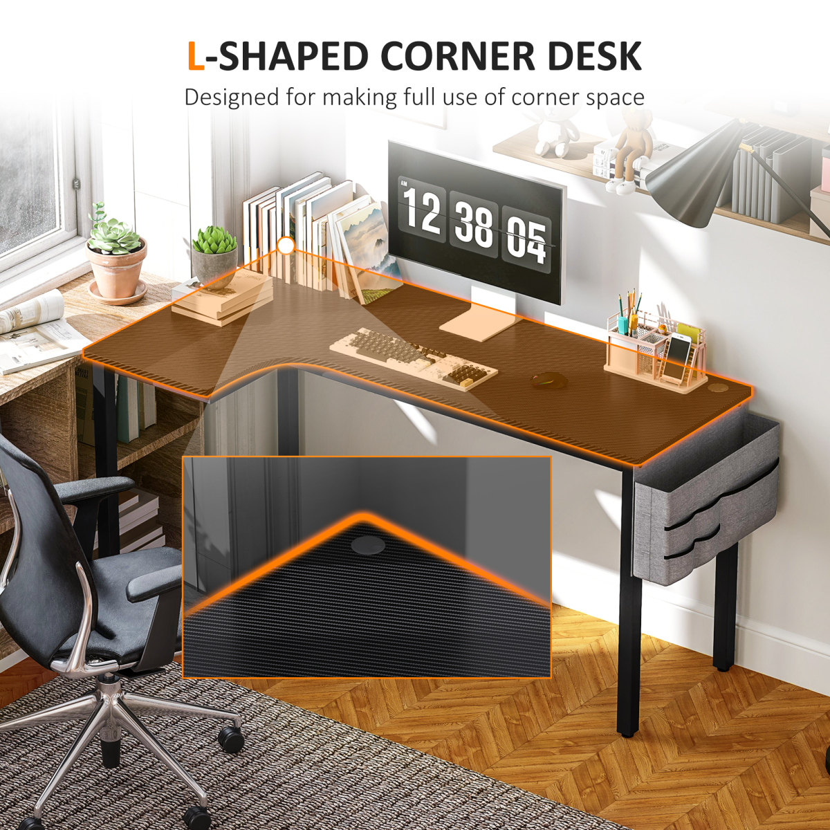 HOMCOM L-Shaped Corner Computer Desk with Fabric Bag & Hooks, Black