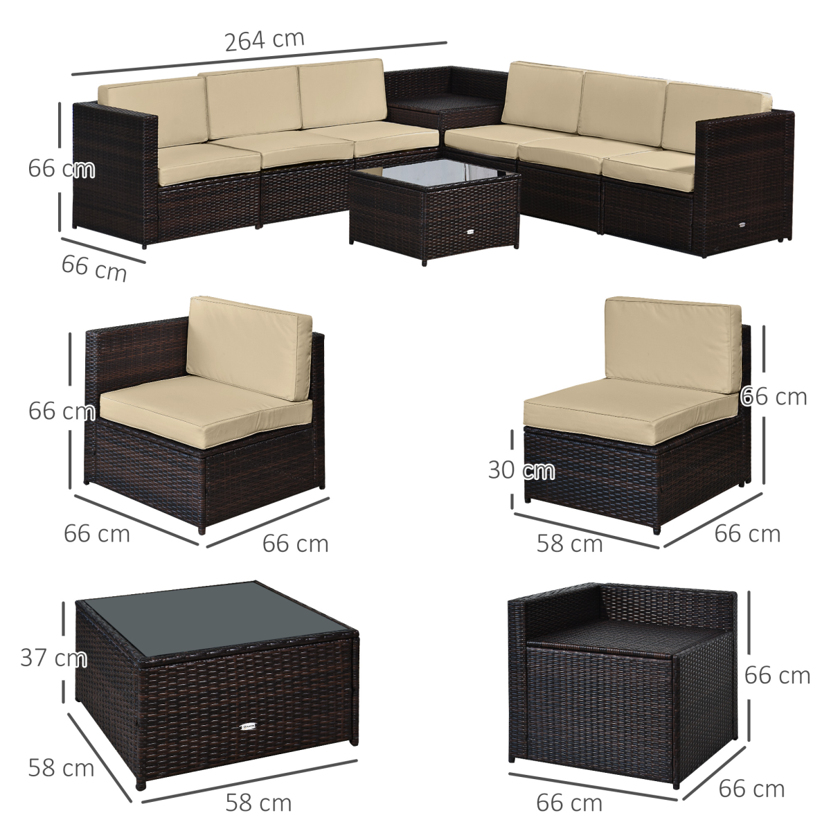 Outsunny 6-Seater Outdoor Rattan Sofa Furniture Set with Cushions, Steel Frame and Tempered Glass Table, Brown