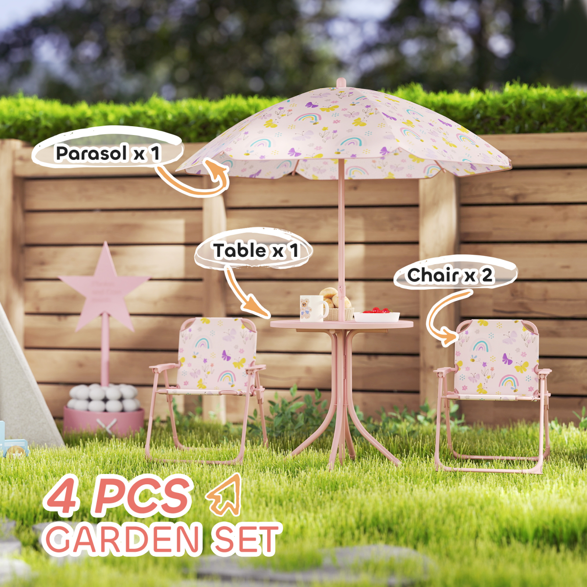 AIYAPLAY Kids Garden Table & Chair Set with Parasol, Pink
