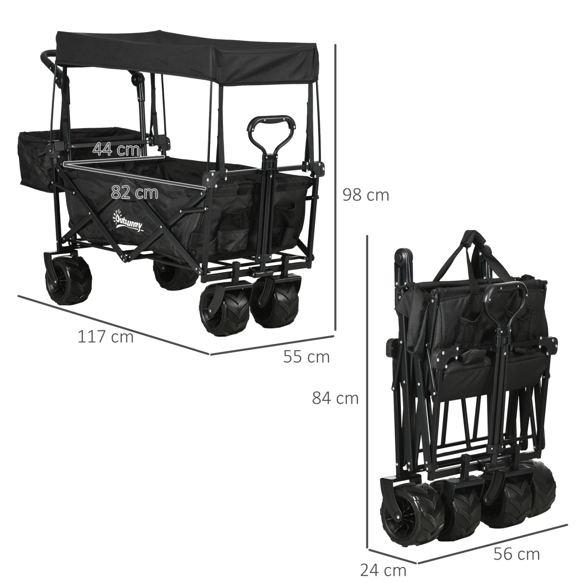 Outsunny Folding Trolley Cart Wagon with Canopy, 4 Wheels, Black