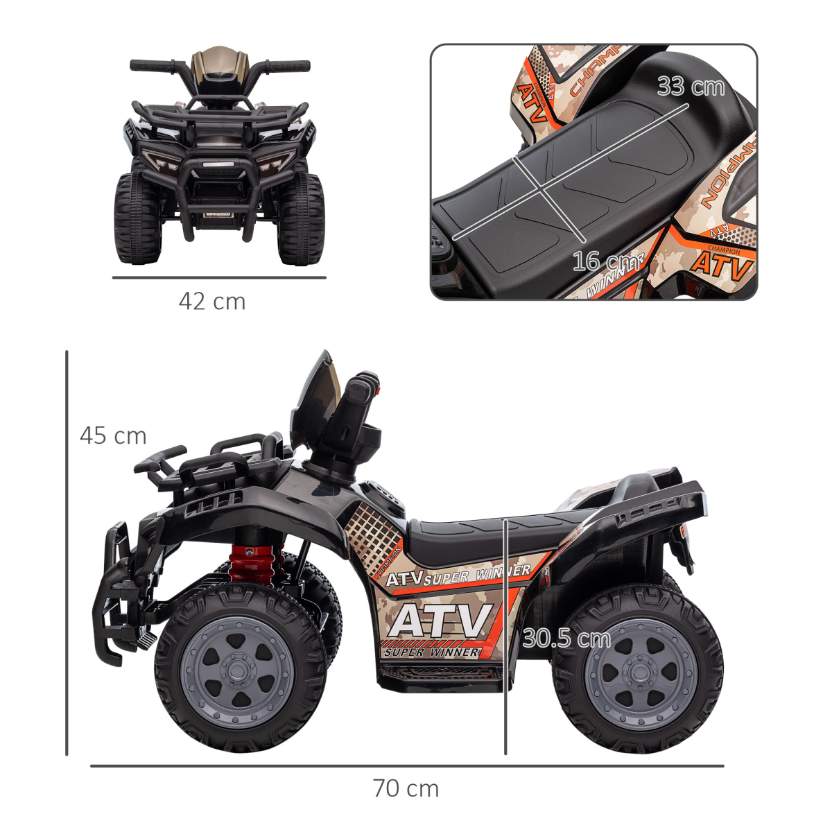 Kids Electric Ride-On ATV with Music, Black, 18-36 Months