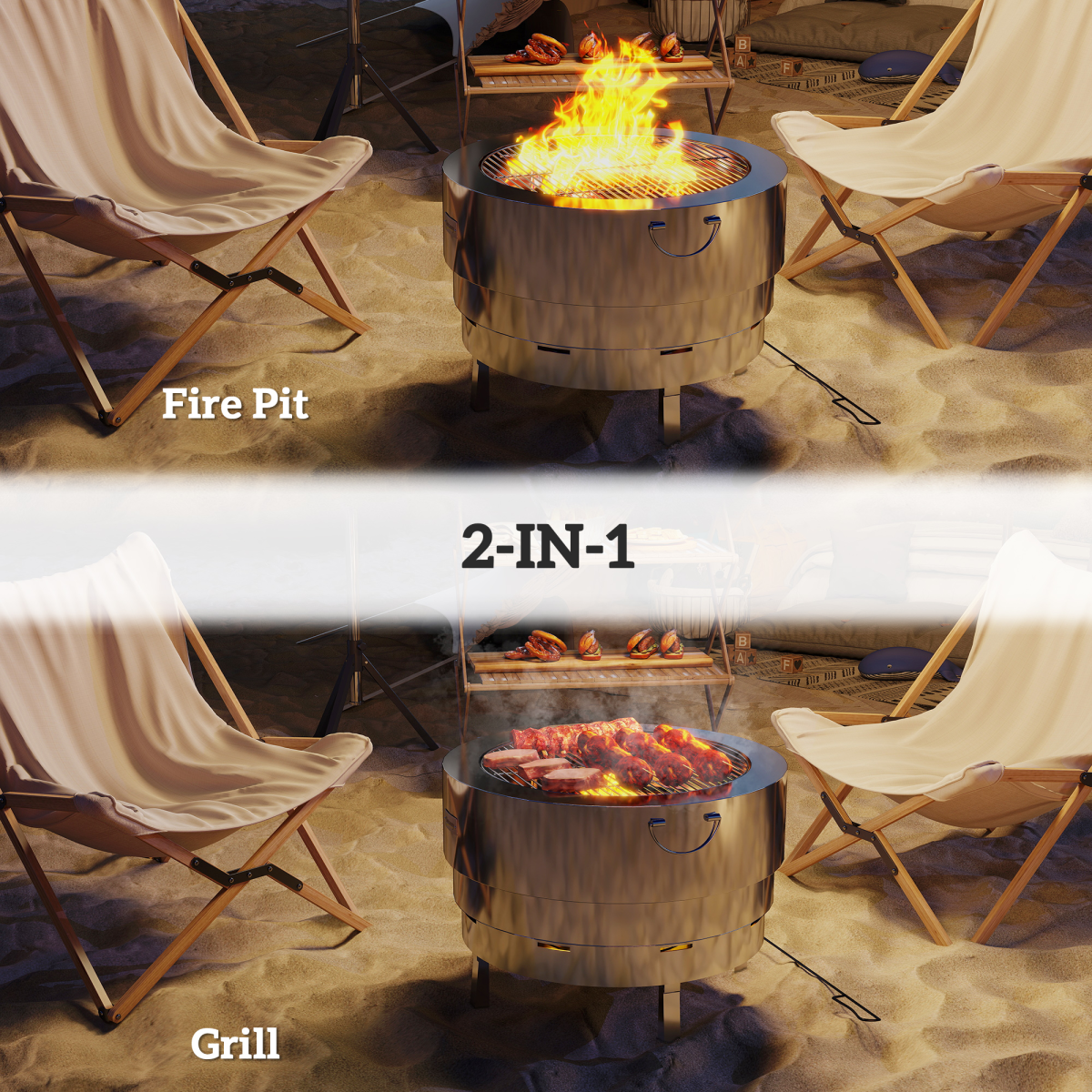 Outsunny Stainless Steel Round Fire Pit with Grill Net, Silver