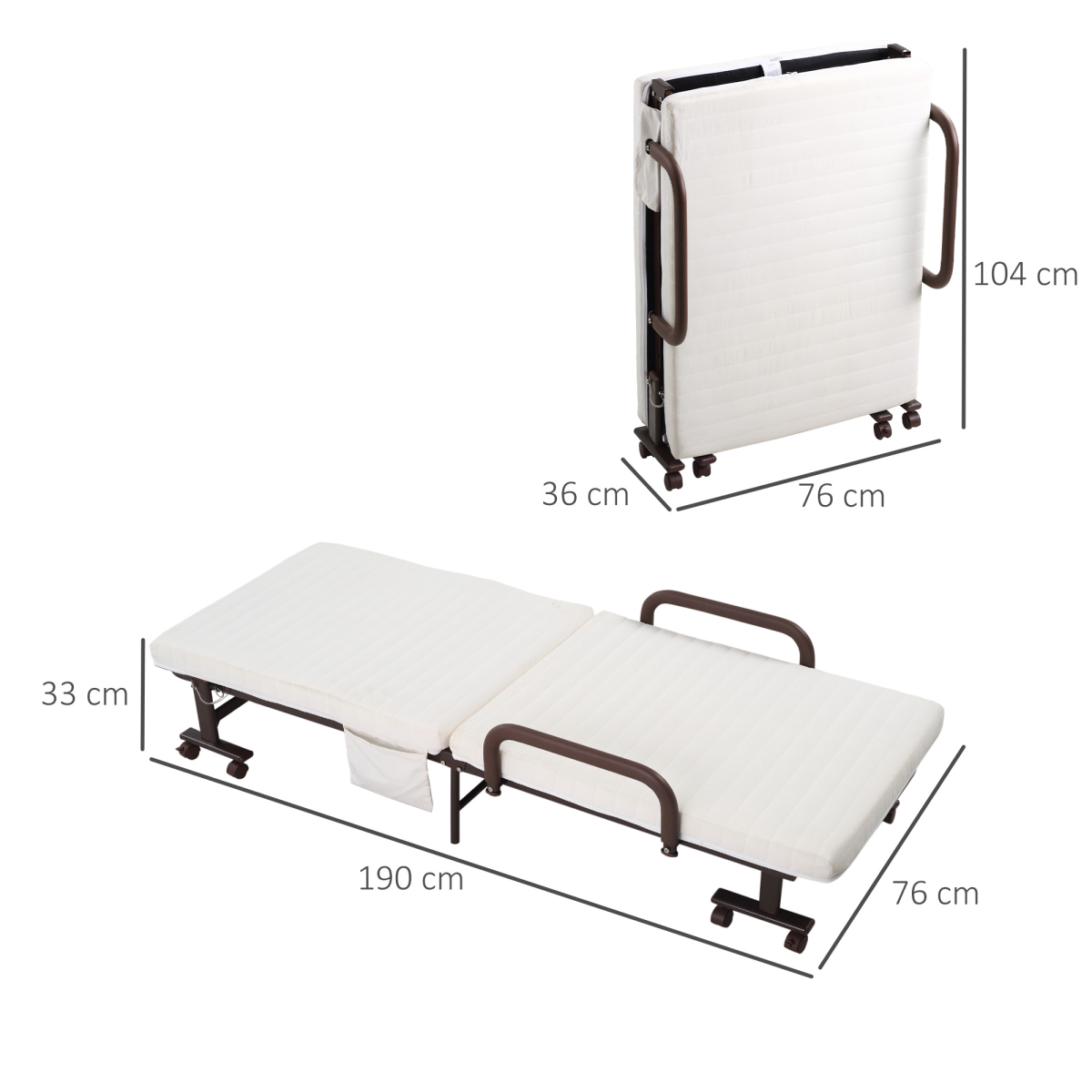 Folding Bed with Mattress & Wheels, Adjustable Backrest, Brown