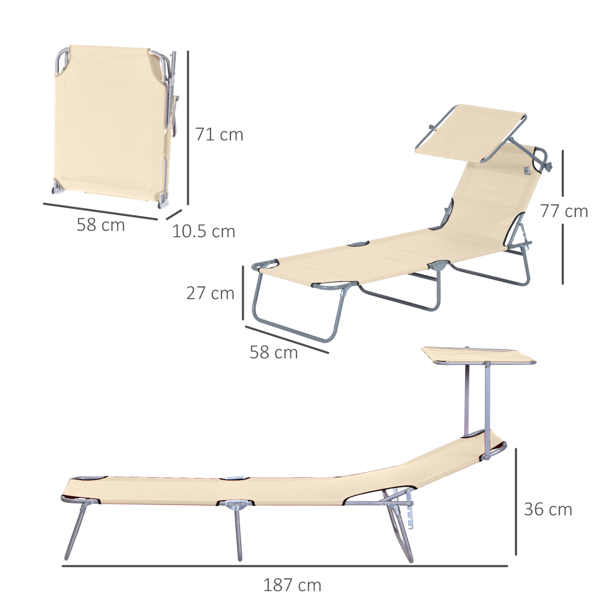 Outsunny Folding Sun Lounger Chair with Adjustable Canopy, Beige