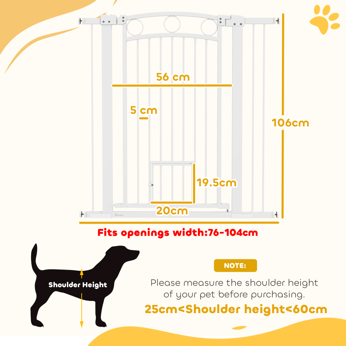 PawHut Adjustable Stair Gate with Cat Door, 76-104cm Wide, 106cm Tall