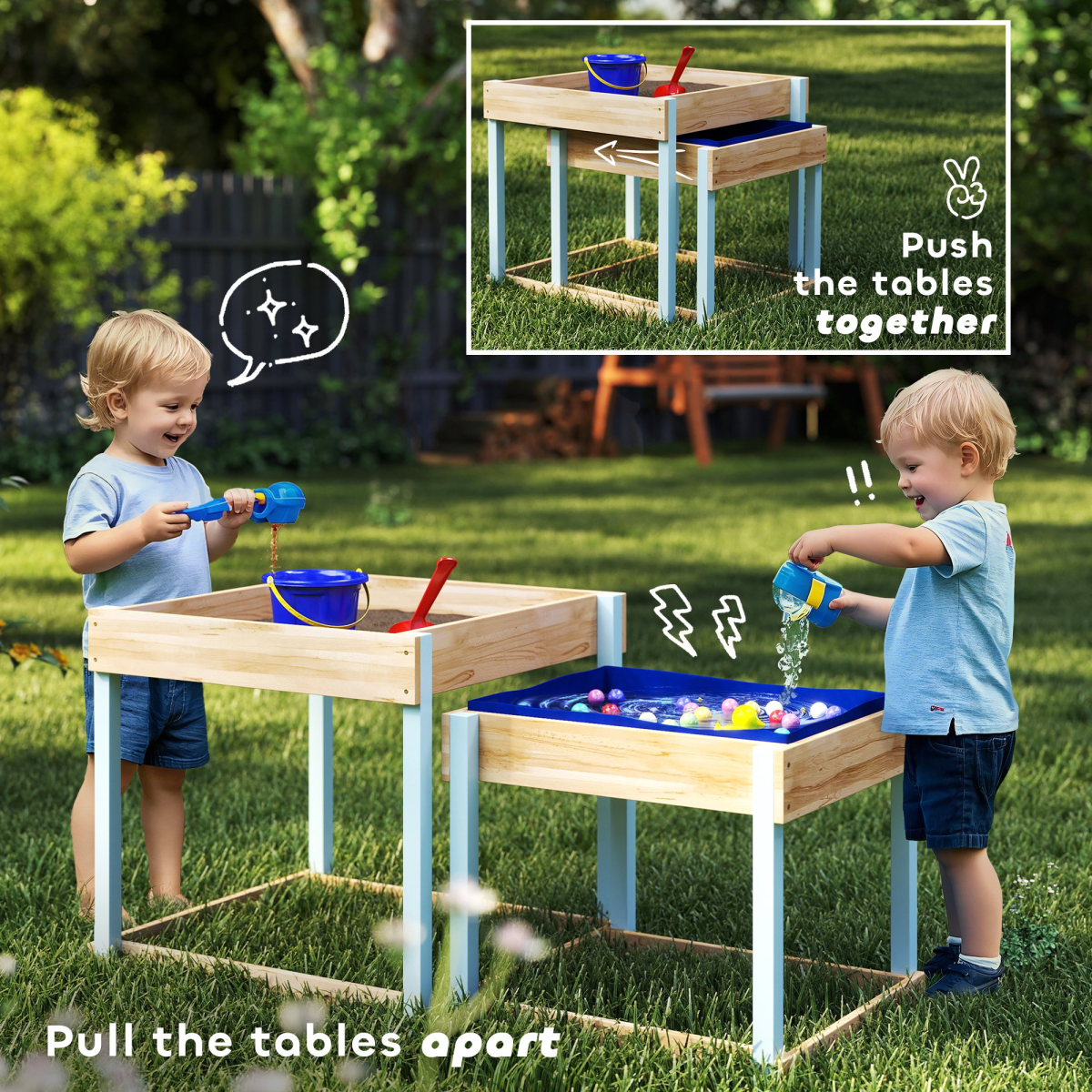 AIYAPLAY 2-Piece Wooden Sand & Water Play Tables with Liner