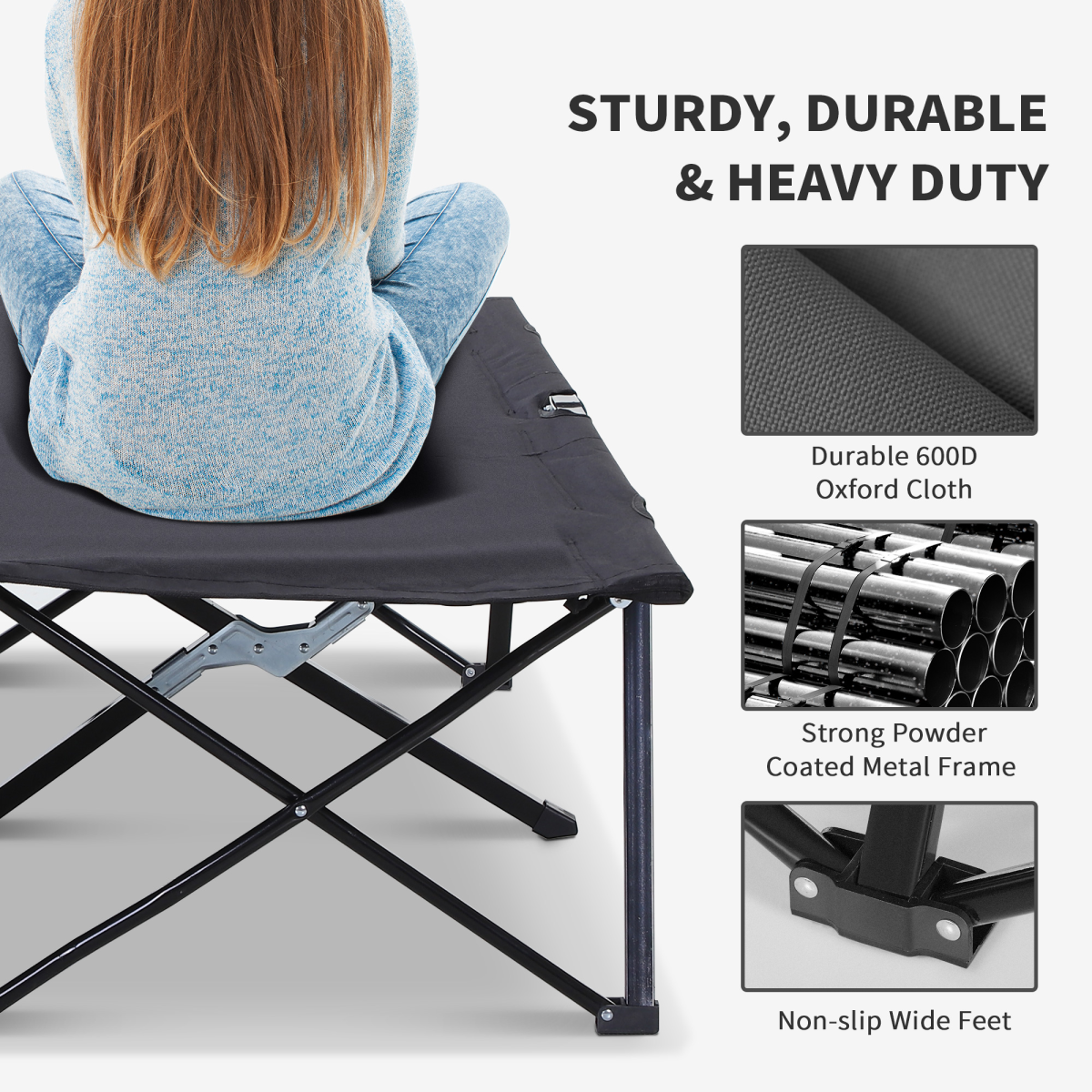 Outsunny Double Folding Camping Cot, Portable Outdoor Sleeping Bed, Black