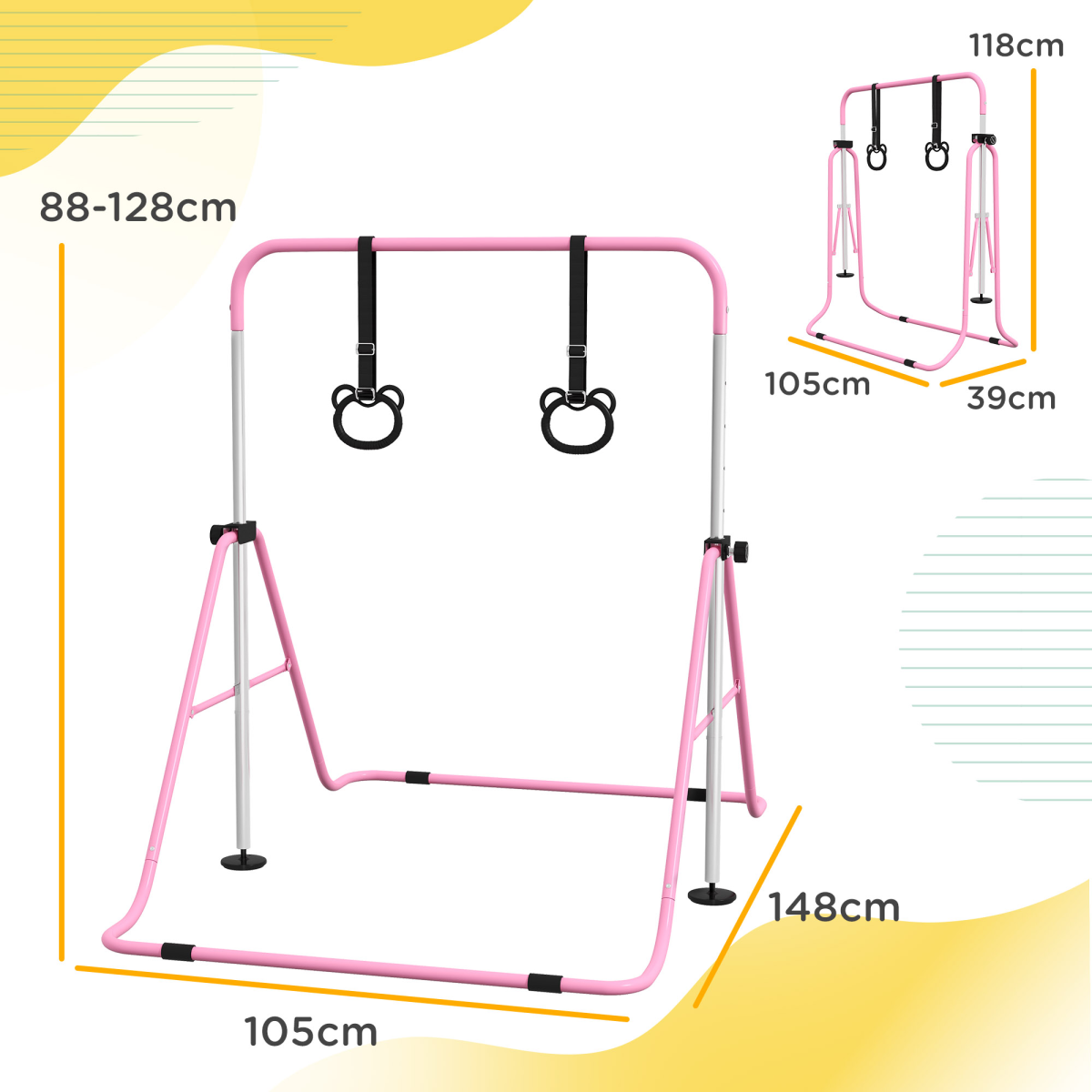 HOMCOM Adjustable Foldable Kids Gymnastics Bar with Non-Slip Mats, Pink