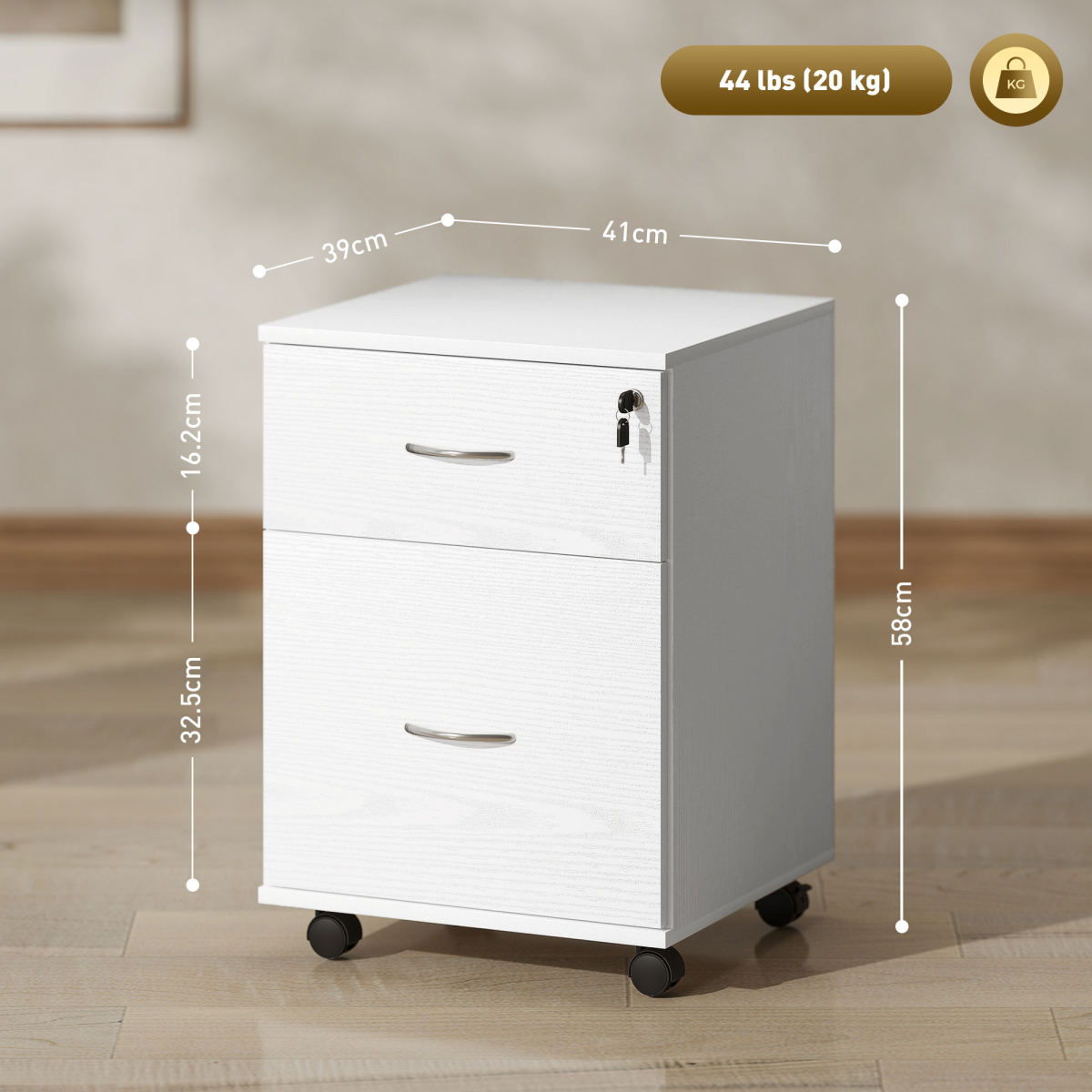 HOMCOM Lockable 2-Drawer Mobile Filing Cabinet, White Wood Grain