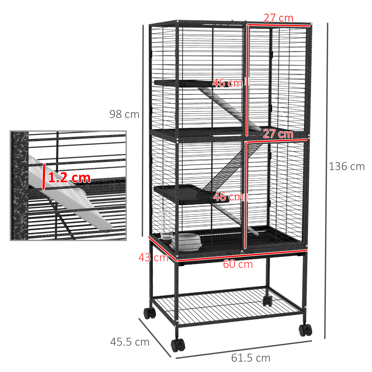 PawHut 136cm Rolling Ferret Cage with 3 Doors & Storage Shelf
