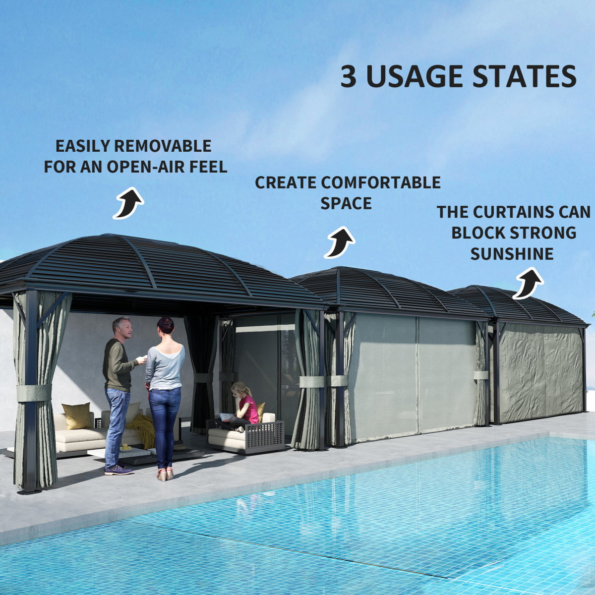 Outsunny 3 x 4m Hardtop Gazebo with Curtains and Mosquito Netting, Aluminium Garden Pavilion, Dark Grey