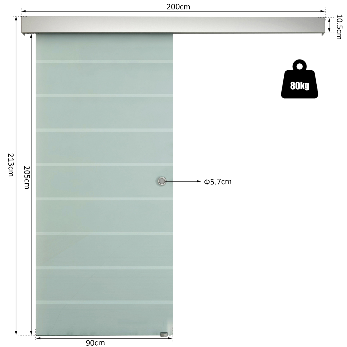 HOMCOM CE Certified Tempered Glass Sliding Barn Door Kit with Aluminum Alloy Rail, Frosted Stripe Design