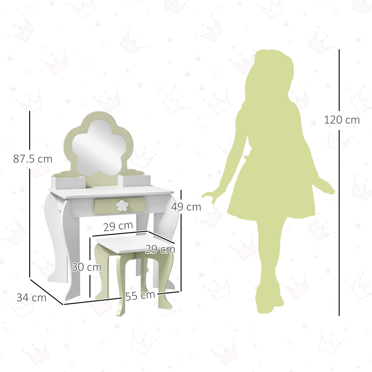ZONEKIZ Kids Vanity Table Set with Stool, Mirror, Flower Design, White
