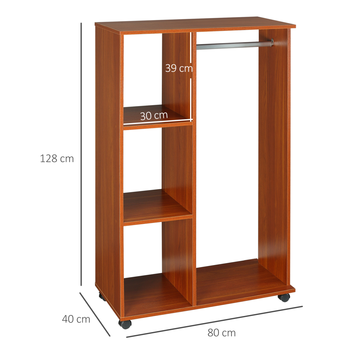 HOMCOM Walnut Open Wardrobe with Hanging Rail, Shelves, Cubbies and Wheels