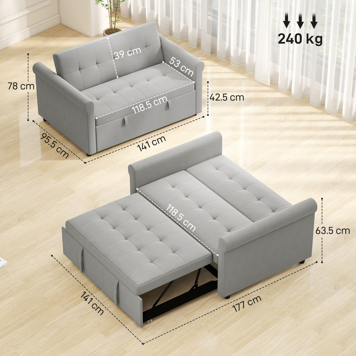HOMCOM Grey Convertible Pull Out Sleeper Sofa Bed, Two-Seater
