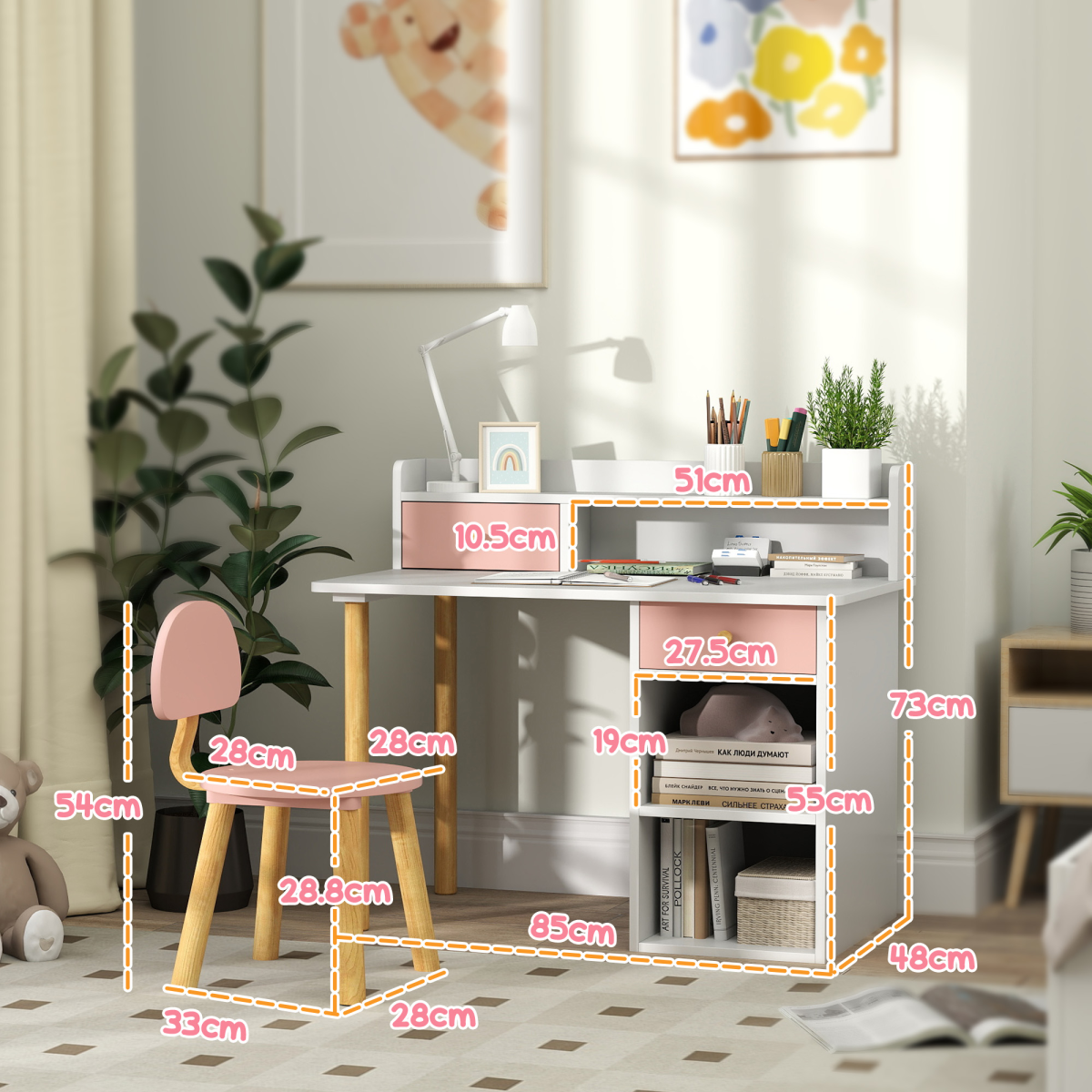 AIYAPLAY Kids Desk and Chair Set with Storage for Ages 3-8, Pink