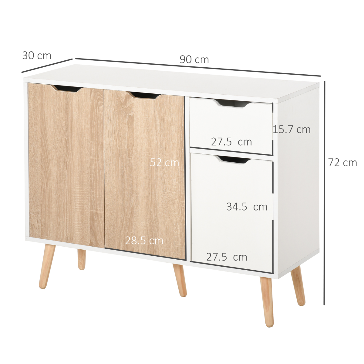 Modern Scandinavian Storage Cabinet Sideboard with Drawer, 4-Part Storage, Wood Legs, Bedroom, Living Room, Home Office