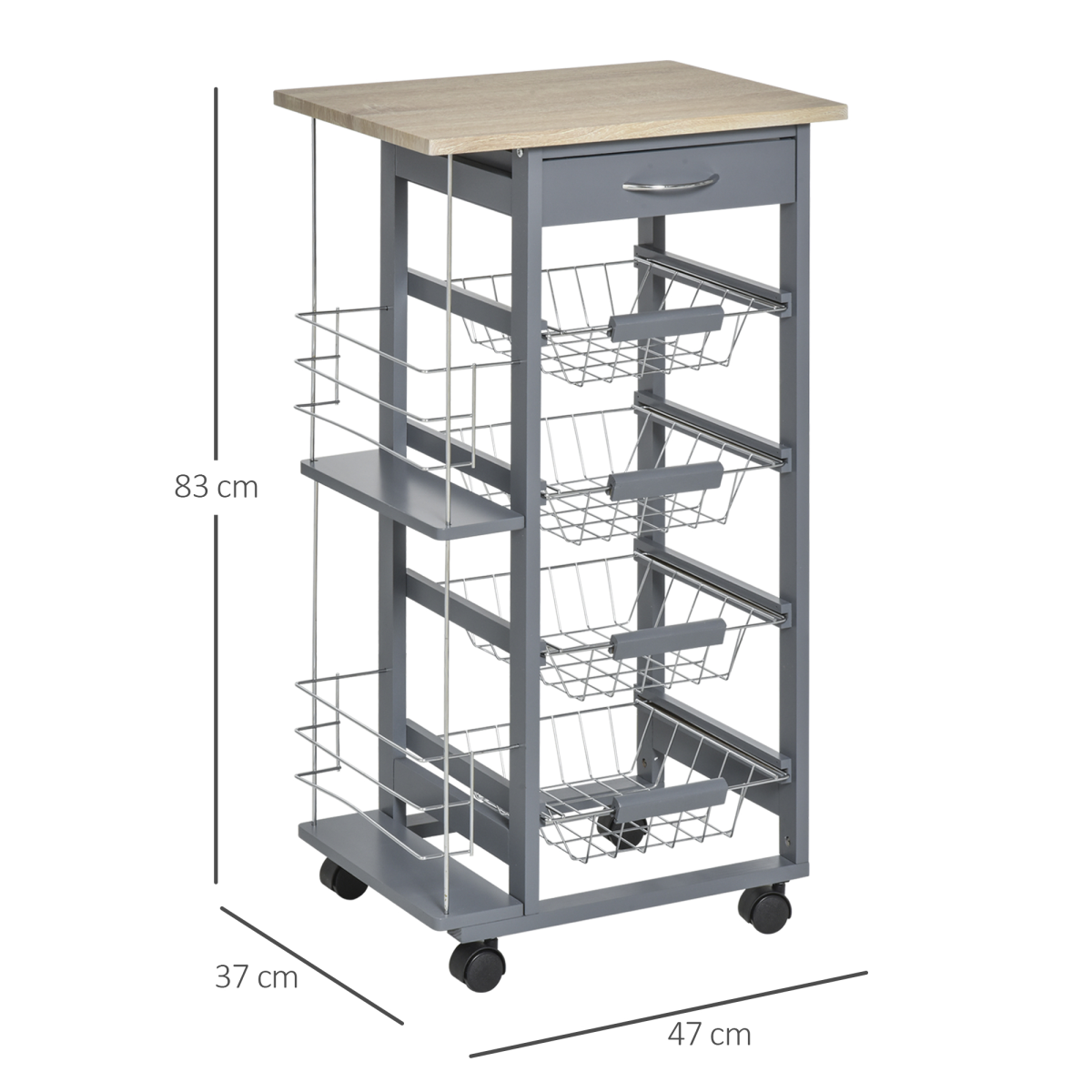 HOMCOM Kitchen Island Trolley on Wheels with Drawer, 4 Removable Metal Baskets, 2 Side Racks, Dark Grey