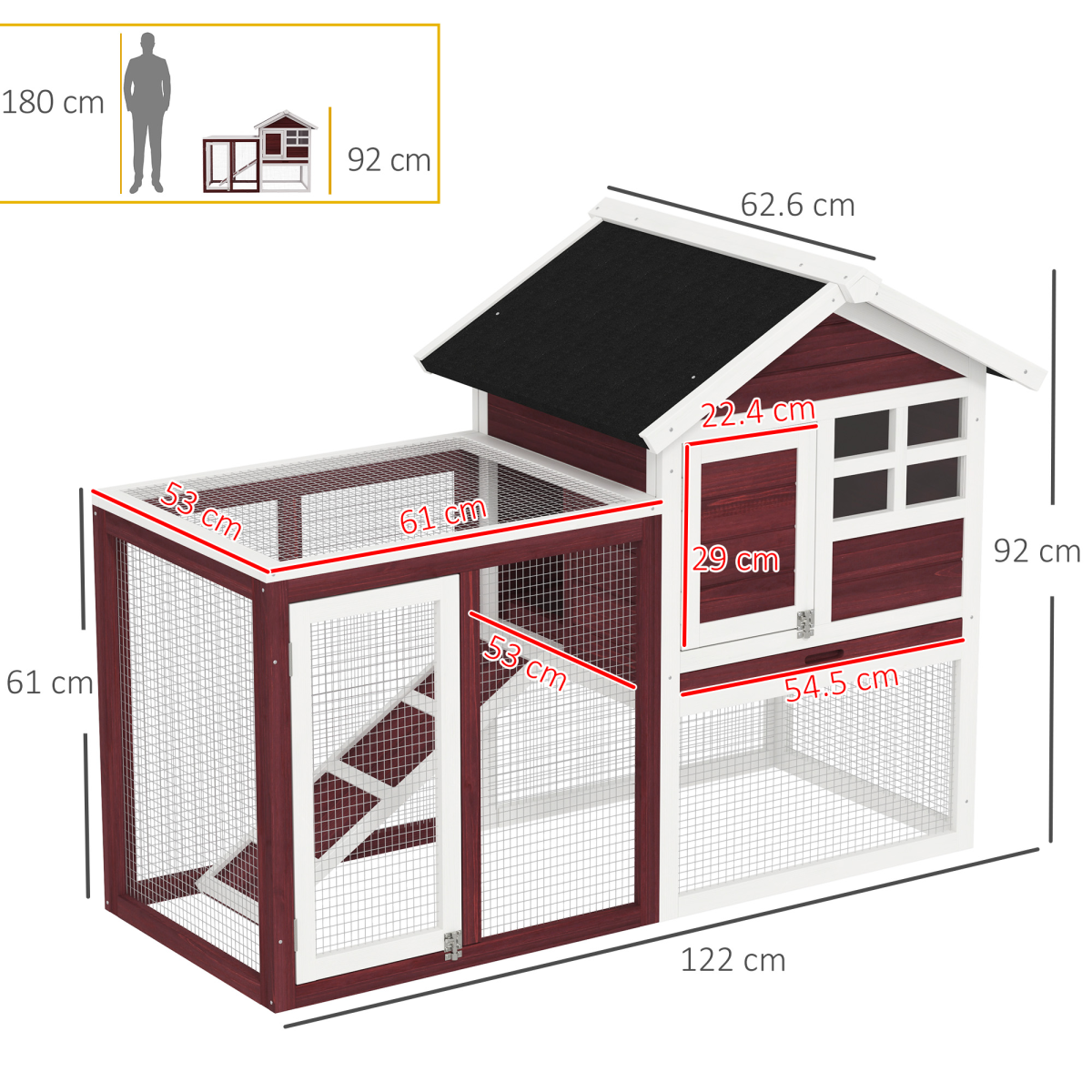PawHut 122cm Wooden Rabbit Hutch with Ramp, Slide-Out Tray, Multiple Doors, Asphalt Roof