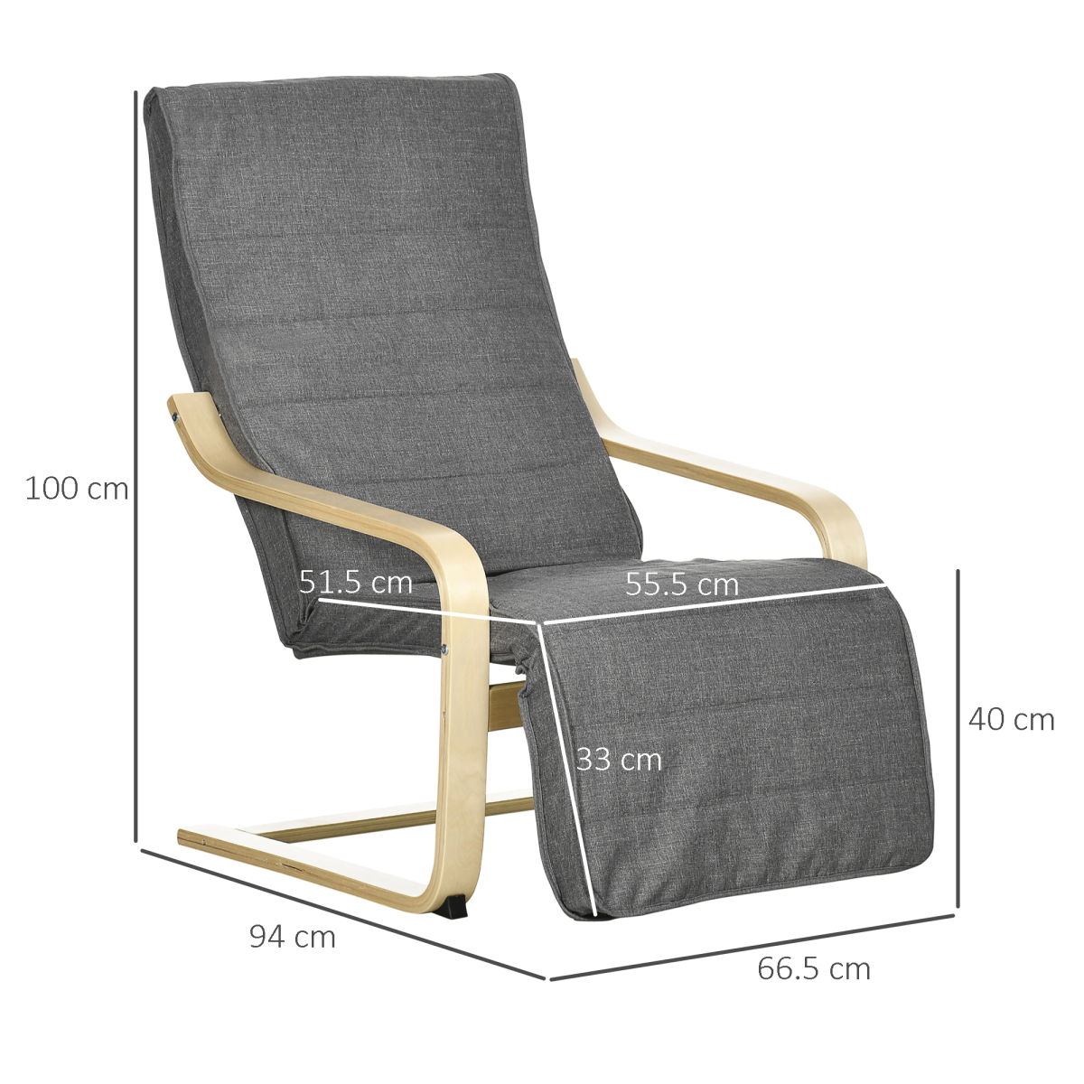 HOMCOM Lounge Chair Recliner with 5-Level Adjustable Footrest, Wooden Frame, Padded Seat, Dark Grey