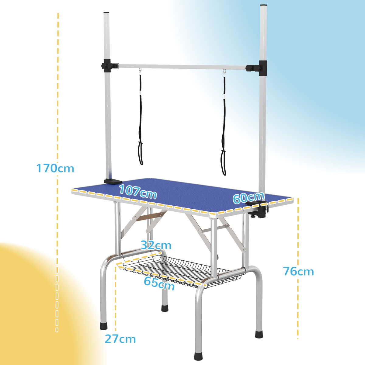 Adjustable Metal Dog Grooming Table with Rubber Top, 2 Safety Slings, Mesh Tray, PawHut