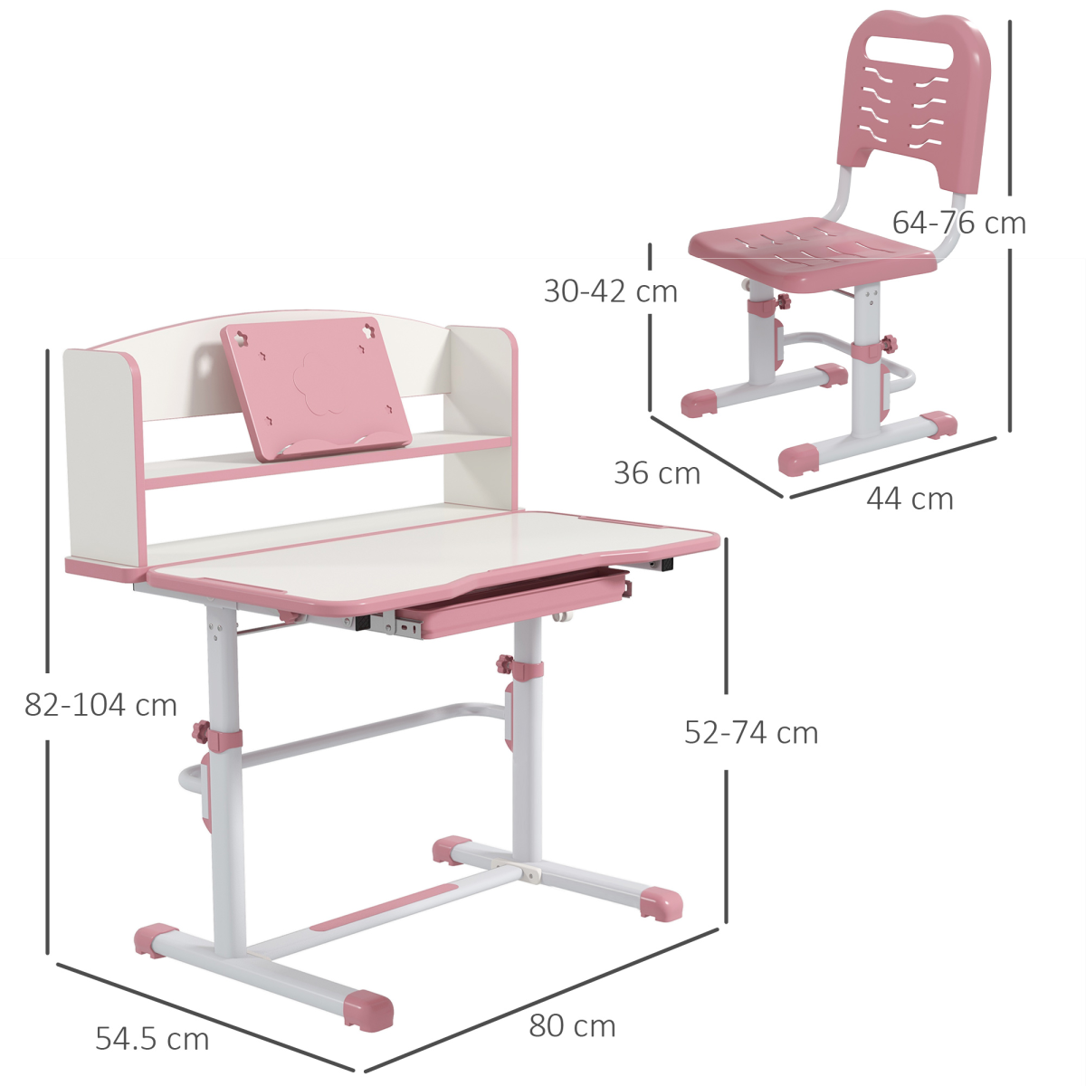 ZONEKIZ Adjustable Kids Desk and Chair Set with Drawer, Bookshelf, Pink