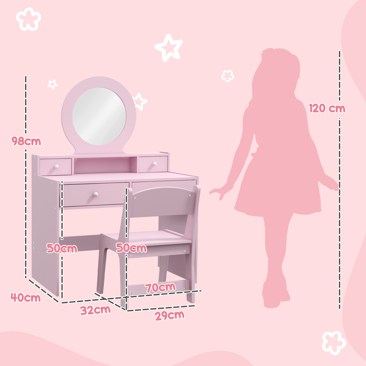 AIYAPLAY Pink Kids Vanity Table and Stool Set with Mirror, 4 Drawers