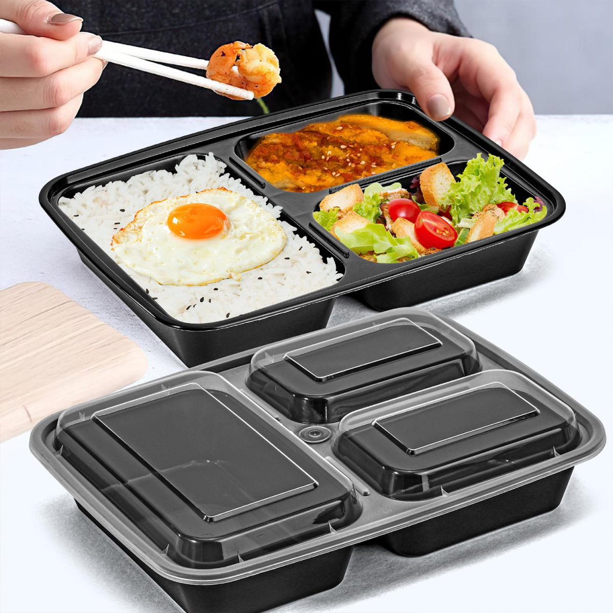 Vinsani 3 Compartment Meal Prep Containers with Leak-Resistant Lids, BPA-Free Plastic, Microwave Freezer Dishwasher Safe, Stackable Reusable Food Storage Containers