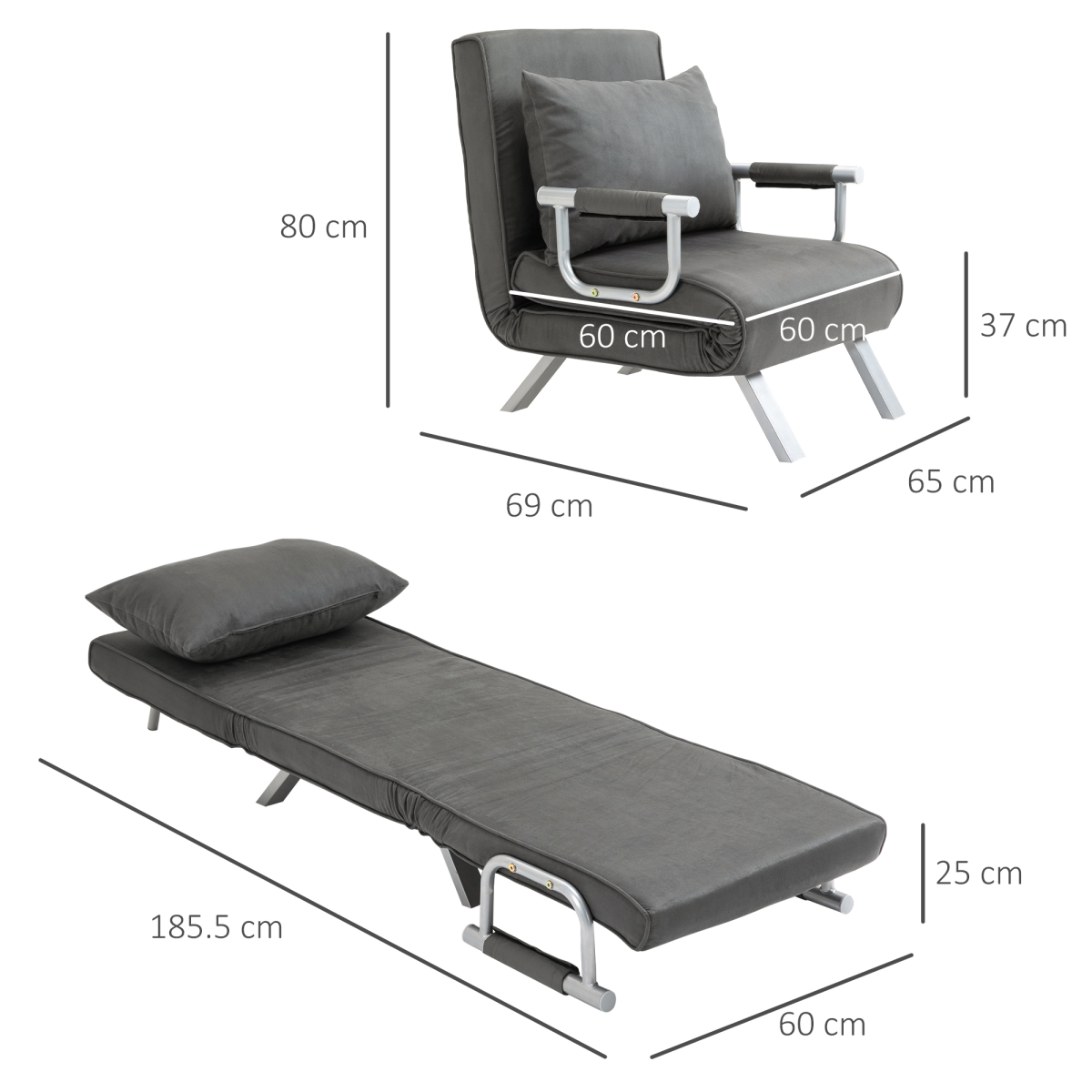Foldable Sofa Bed Armchair Sleeper Lounge Chair with Adjustable Back, Dark Grey