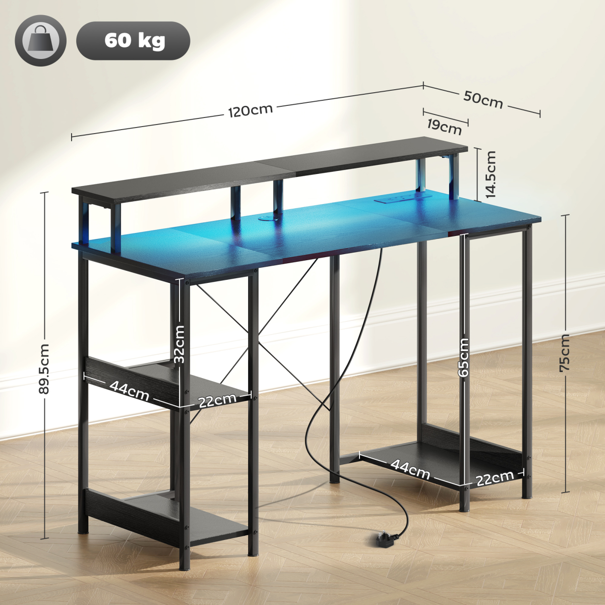 HOMCOM Reversible Computer Desk with Storage, Charging Station and RGB LED Lights, Black