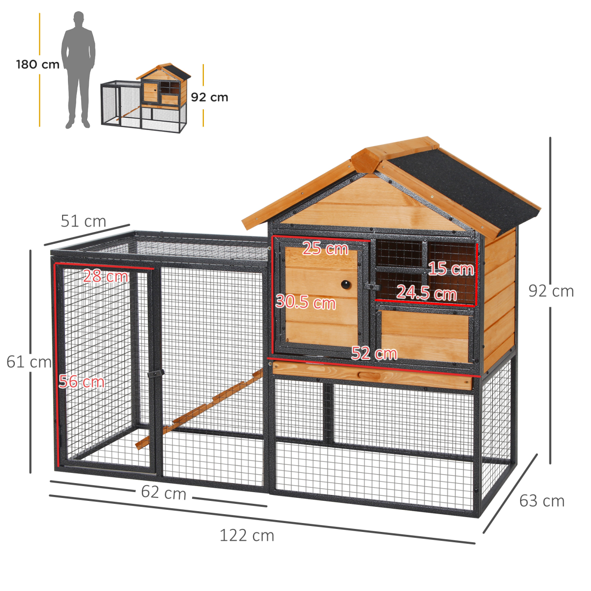 PawHut Outdoor Wooden Metal Rabbit Hutch with Run, 122 x 63 x 92cm